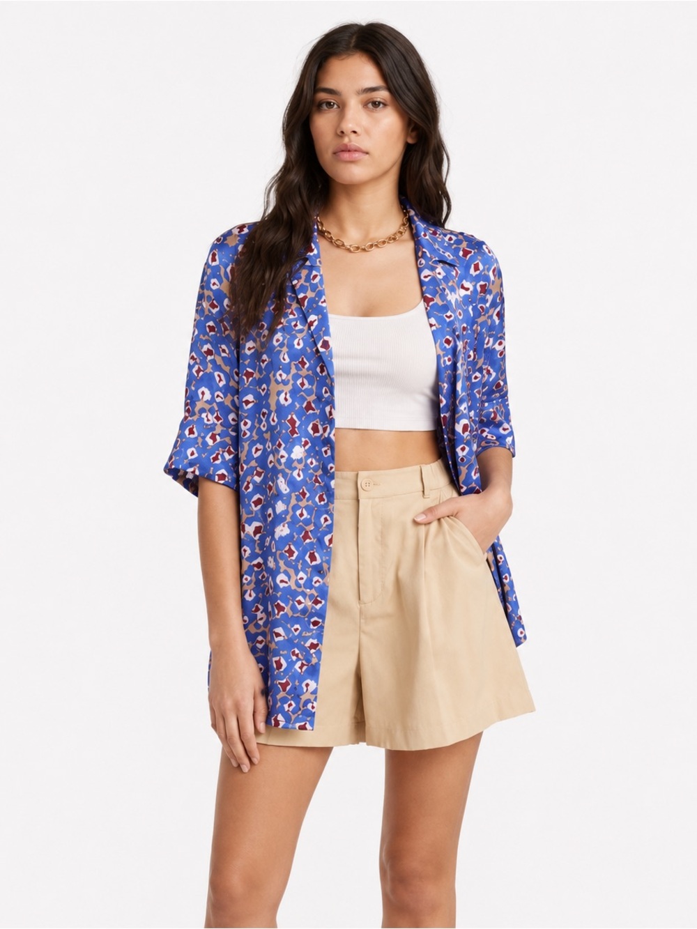 Open Edit Satin Camp Button Up Shirt Blue Print Relaxed Fit Size S Oversized